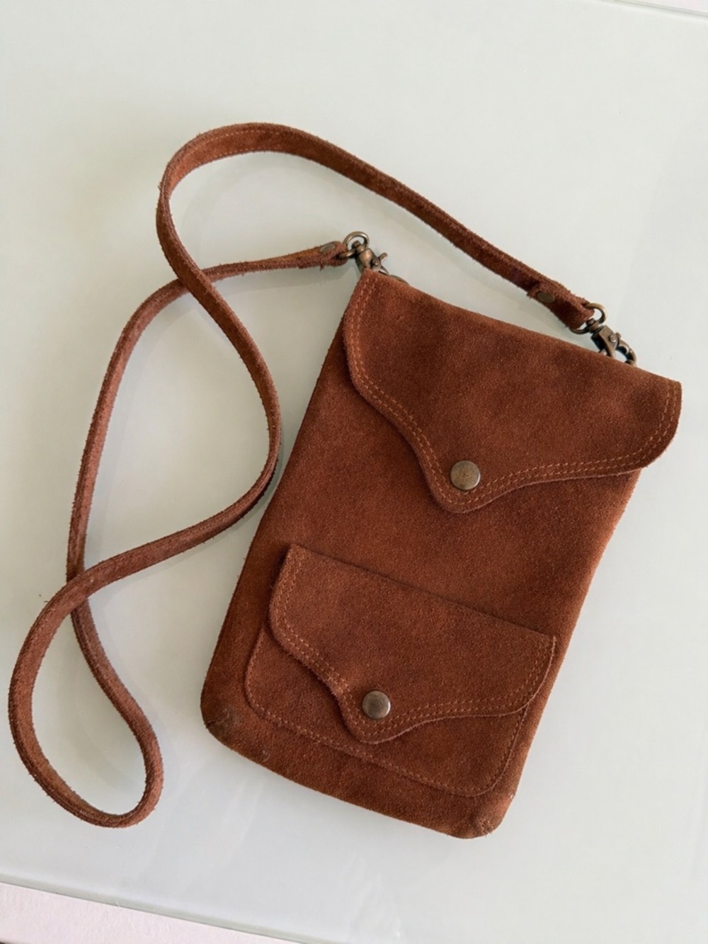 Suede Crossbody Phone Bag - Brown